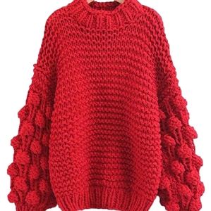 Chunky knit red 'CLORA' POM POM SWEATER